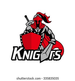 Medieval knight with armor and shield, red and silver, bold and strong sport logo design template