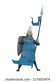 Medieval knight in armor with shield and spear, back view. Flat vector illustration, isolated.