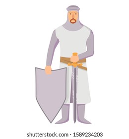 Medieval knight in armor with a shield and sword.Warrior cartoon character.Flat illustration vector.Isolated on a white background.