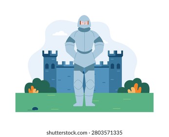 Medieval knight in armor standing proudly in front of a stone castle rampart, the classic warrior. Character design. Vector flat illustration