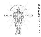 Medieval knight in armor with a sword. Vintage emblem.