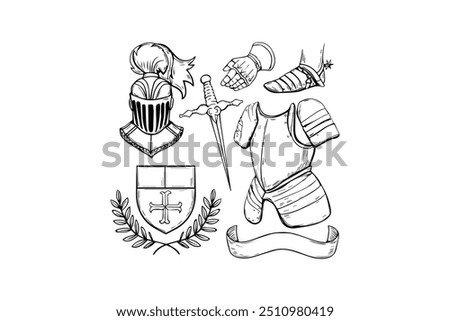 Medieval knight armor and weapon illustrations. Vector icon design.