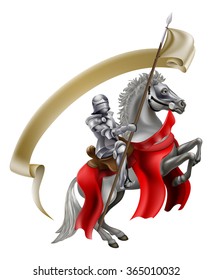 A medieval knight in armour on the back of a rearing white horse holding a spear flag