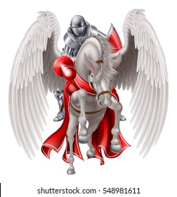 Medieval knight in armour on a pegasus legendary mythological winged horse holding a lance ready for a joust or combat