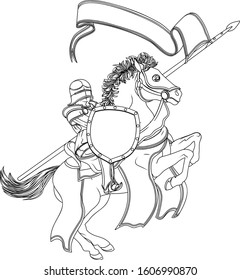 A medieval knight in armour riding a horse to a joust holding a lance or spear with banner