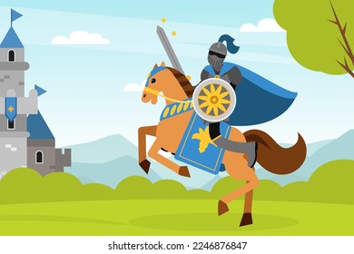 Medieval knight in armour riding horse. Warrior fighting with shield and sword cartoon vector