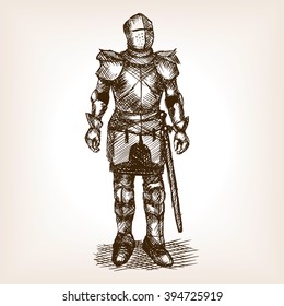 Medieval Knight Armour And Sword Sketch Style Vector Illustration. 