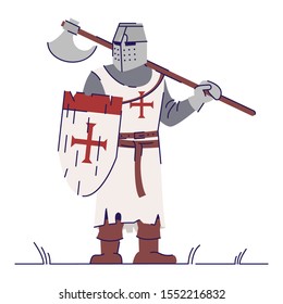 Medieval knight with axe flat vector illustration. Historical crusader wih shield isolated cartoon character with outline elements on white background. Armored fighter. Middle ages personage