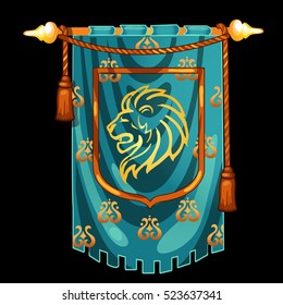 Medieval knight banner with image the head of a lion isolated on black background. Vector illustration.