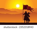 Medieval knight with a banner and mountains in the background