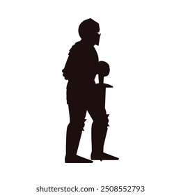 Medieval knight. Black silhouette. Iron Armor, helmet, big sword. The man stands in profile. Warrior, protector. History. Ancestor. Vector illustration isolated on white background.