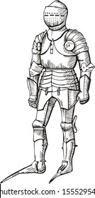 Medieval knight. Black and white vector illustration.