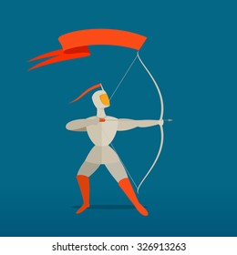 Medieval knight with bow and arrow and flag, banner. Vector illustration for your application or corporate identity.