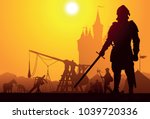 Medieval knight with the camp and castle on background