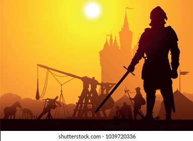 Medieval Knight With The Camp And Castle On Background