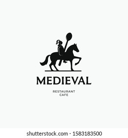 Medieval knight carrying a spoon vector illustration. For Mediterra cafe restaurant logo design concept. Isolated on white background