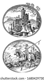 Medieval knight and castle. Antique chateau and cavalier on horseback. Ancient rider. Template for label or badge. Hand drawn engraved monochrome vintage sketch.