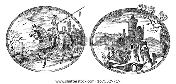 Medieval knight and castle. Antique chateau and cavalier on horseback. Ancient rider. Template for label or badge. Hand drawn engraved monochrome vintage sketch.