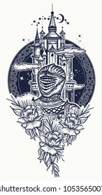 Medieval knight and castle tattoo art. Symbol of the fairy tale, dream, magic 