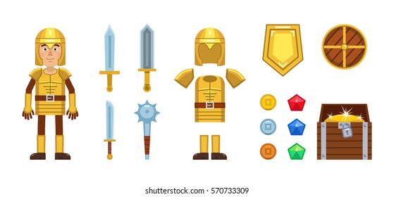 Carácter caballero medieval con diferentes elementos de juego. Iconos vectores de espada, armadura, casco, armas, escudo, monedas, piedras preciosas y cofre del tesoro. Ilustración vectorial simple