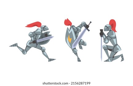 Medieval knight characters in different battle actions set vector illustration