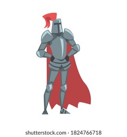 Medieval Knight, Chivalry Warrior Character in Full Metal Body Armor and Red Cape Cartoon Style Vector Illustration