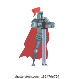Medieval Knight, Chivalry Warrior Character in Full Heavy Body Armor with Sword Cartoon Style Vector Illustration