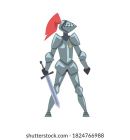 Mittelalterlicher Ritter, Krieger-Charakter der Chivalry in Full Metal Body Armor mit Schild- und Schwertkartoon-Stil Vektorgrafik einzeln auf weißem Hintergrund