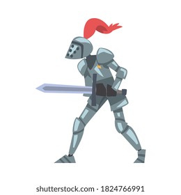 Medieval Knight, Chivalry Warrior Character in Full Metal Body Armor Fighting Sword Cartoon Style Vector Illustration