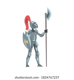 Caballero medieval, Carácter guerrero de caballería en armadura de metal completo con vectores de estilo de dibujos animados Escudo y alberd Ilustración