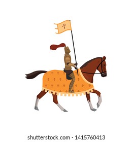 Medieval knight with cross flag and brown horse with cover