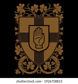 Medieval knight design. Heraldic shield and the leaves of the clover. Coat of Arms of Ireland, isolated on black, vector illustration