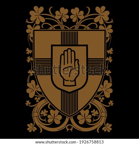 Medieval knight design. Heraldic shield and the leaves of the clover. Coat of Arms of Ireland, isolated on black, vector illustration