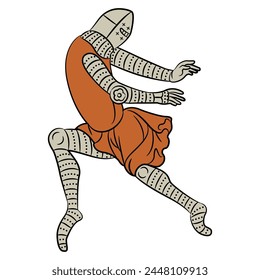 Medieval knight in dynamic pose. Illuminated manuscript design. Isolated vector illustration.