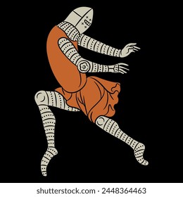 Medieval knight in dynamic pose. Illuminated manuscript design. On black background.