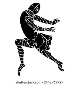 Medieval knight in dynamic pose. Illuminated manuscript design. Black and white silhouette.