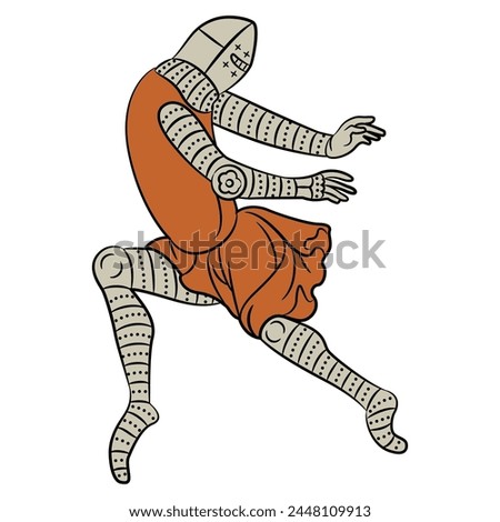 Medieval knight in dynamic pose. Illuminated manuscript design. Isolated vector illustration.