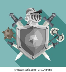 Medieval Knight Emblem Shield With Antique Armor Cartoon Vector Illustration