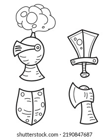 Medieval Knight Equipment Set With Sword, Helmet, Shield And Axe. Hand Drawn (doodle Style) Vector Drawing.