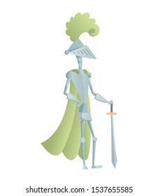 Medieval Knight In Full Armor Flat Illustration. The comic caricature. Funny Cartoon Knight.