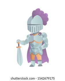 Medieval Knight In Full Armor Flat Illustration. The comic caricature. Funny Cartoon Knight.