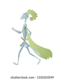Medieval Knight In Full Armor Flat Illustration. The comic caricature. Funny Cartoon Knight.