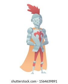 Medieval Knight In Full Armor Flat Illustration. The comic caricature. Funny Cartoon Knight.