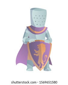 Medieval Knight In Full Armor Flat Illustration. The comic caricature. Funny Cartoon Knight.