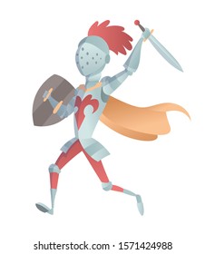 Medieval Knight In Full Armor Flat Illustration. The comic caricature. Funny Cartoon Knight.