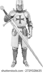 Cavaleiro medieval em armadura completa no estilo monótono de meio-tom para a história e projetos guerreiros