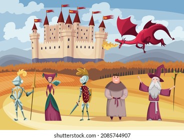 Medieval knight in full armor, lady, dragon and others on fairytale medieval castle background. Cartoon middle ages historic period. Medieval kingdom characters standing in costumes