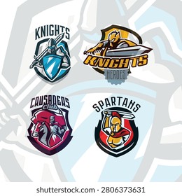 Medieval knight and gladiator mascot logo set, spartan warrior badges for competitive gaming and stream channels.

Keywords (45):
