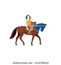 Medieval knight in gold armor with long spear with horse
