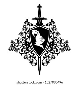medieval knight head in heraldic shield with rose flowers and sword - hero warrior black and white vector coat of arms design